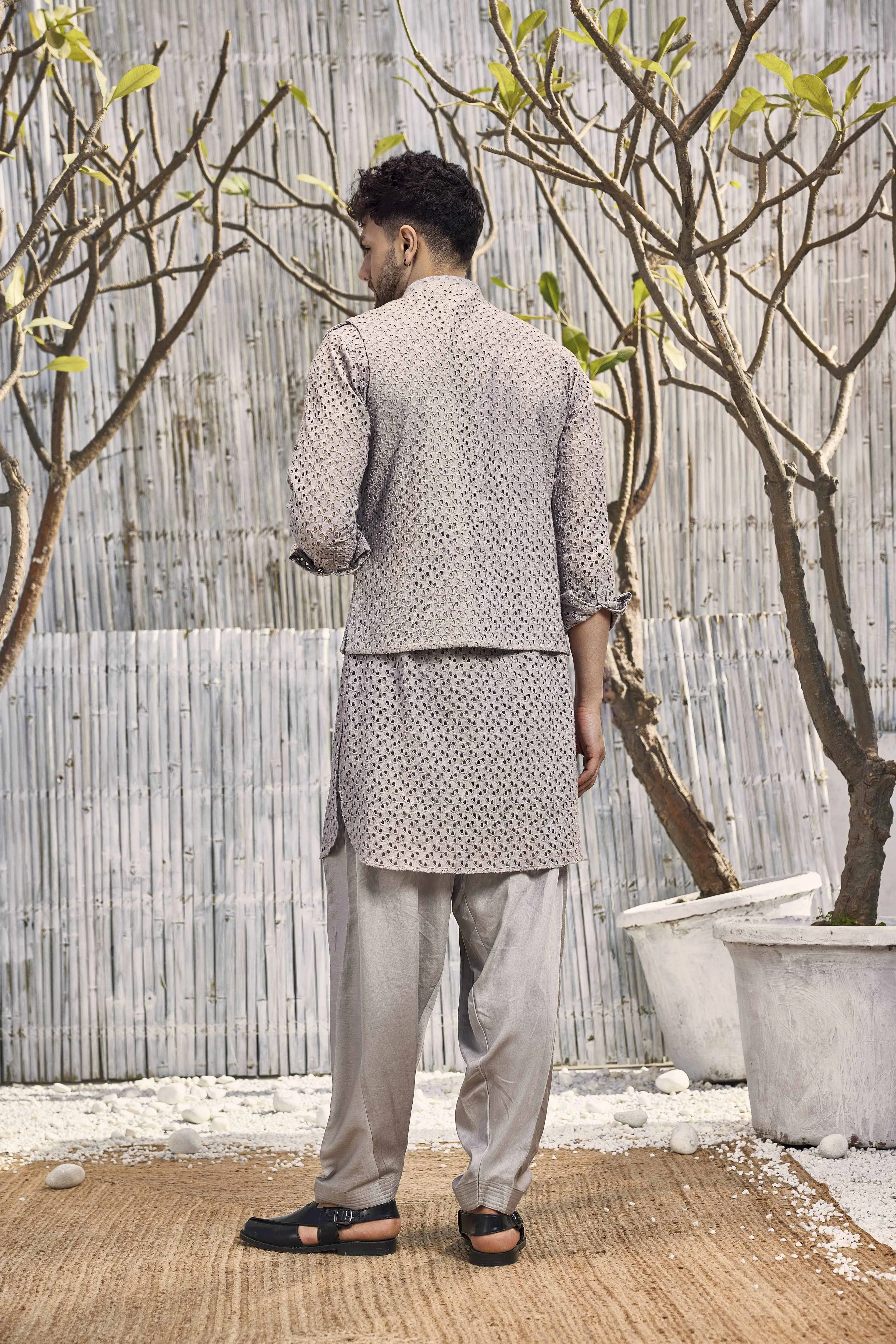 Men's Grey Cutwork Bundi Jacket - Set of 1