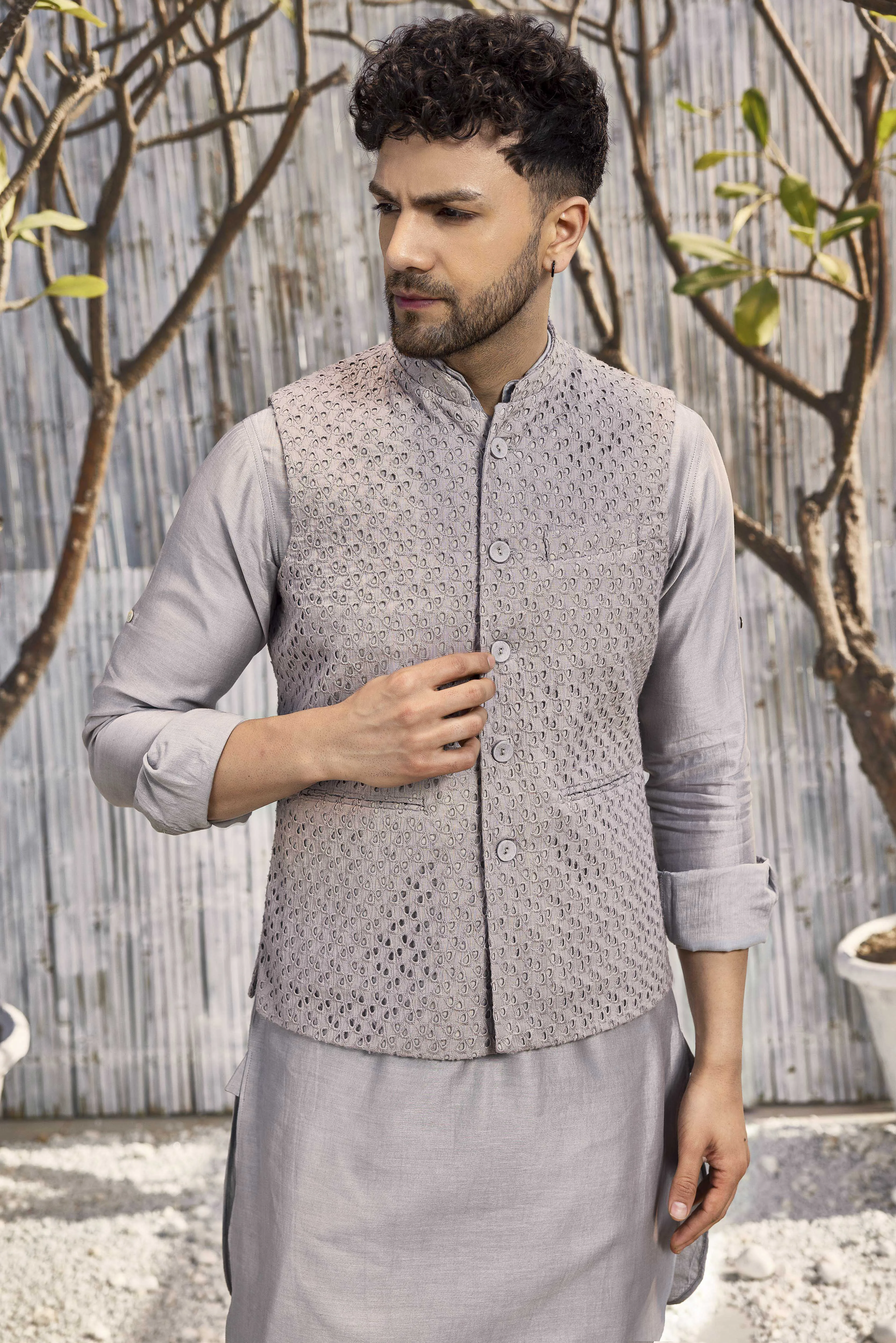 Men's Grey Cutwork Bundi Jacket - Set of 1