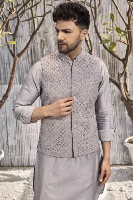 Men's Grey Cutwork Bundi Jacket - Set of 1