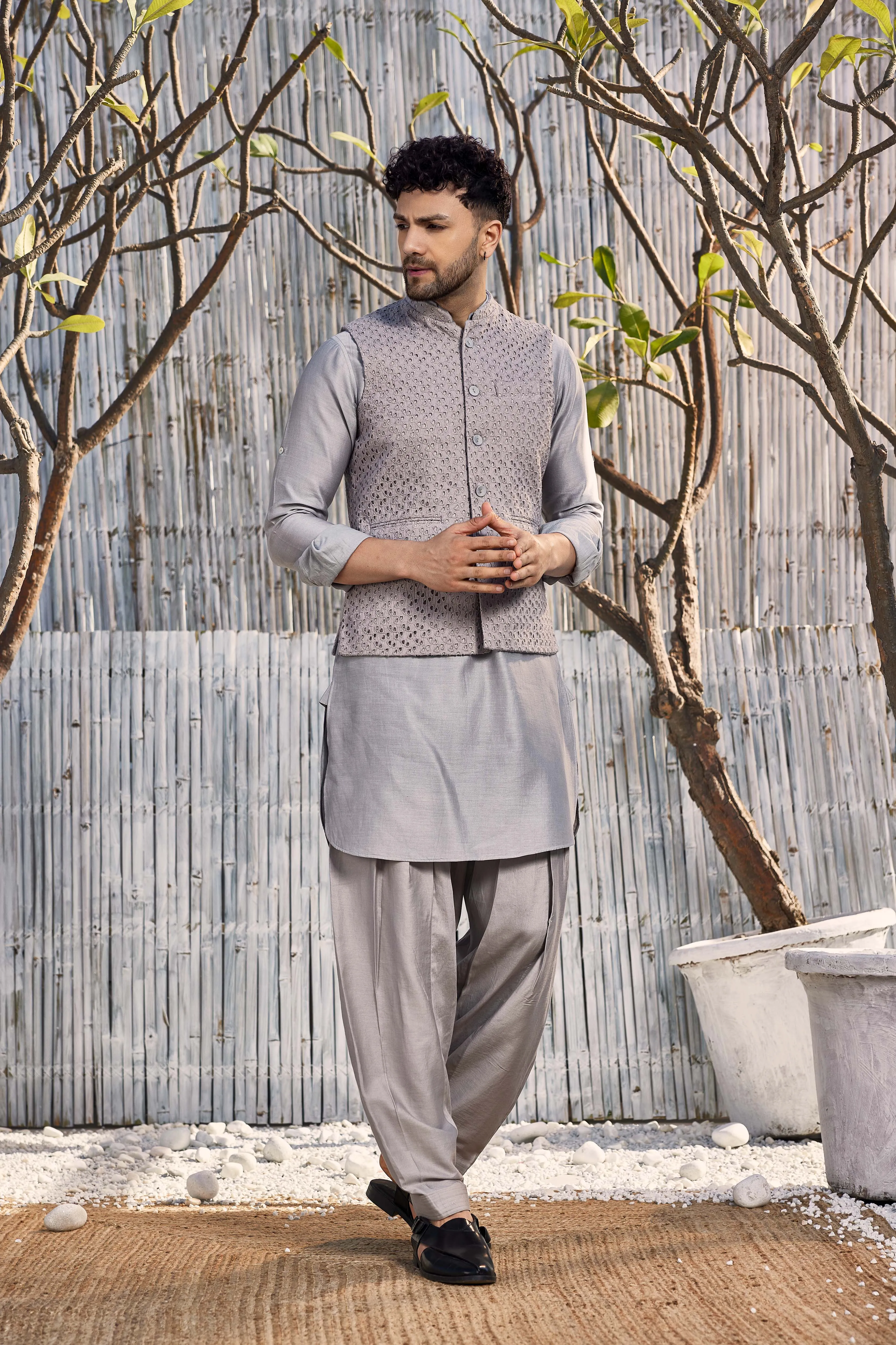 Men's Grey Cutwork Bundi Jacket - Set of 1