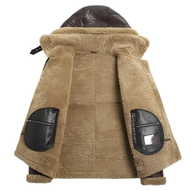 Men's Hooded Brown Shearling Aviator Jacket – B-3 Sheepskin Coat