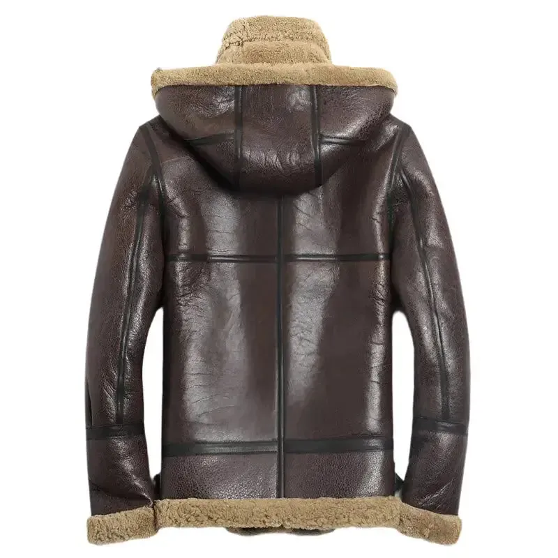 Men's Hooded Brown Shearling Aviator Jacket – B-3 Sheepskin Coat