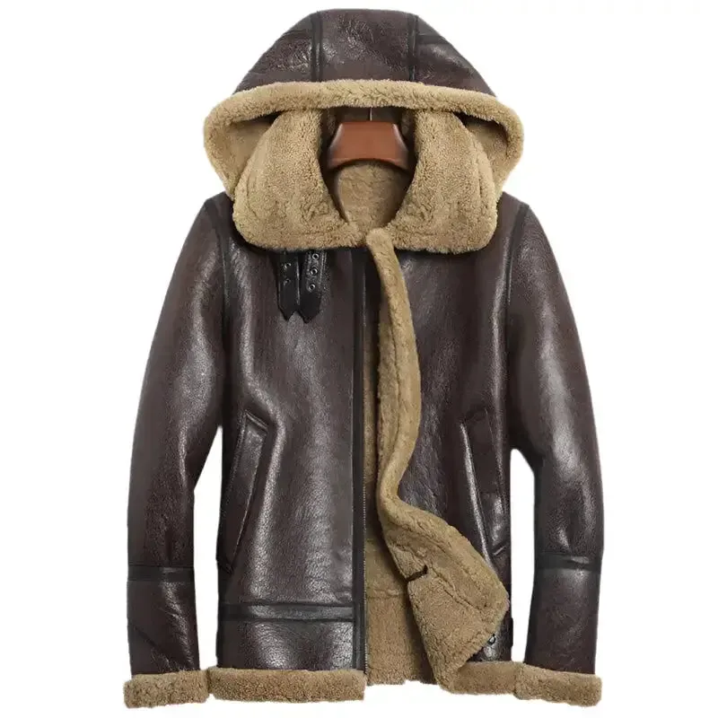 Men's Hooded Brown Shearling Aviator Jacket – B-3 Sheepskin Coat