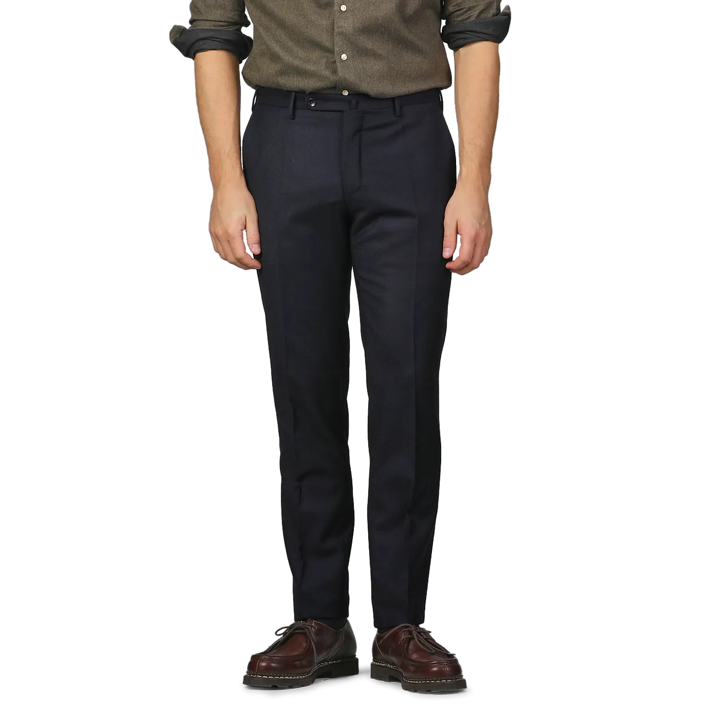 Navy Blue Wool Flannel Slim Trousers