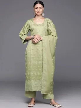 Olive Embroidered Chanderi Silk Straight Kurta With Trousers & Dupatta