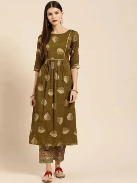 Olive Printed Rayon A-Line Kurta With Trousers