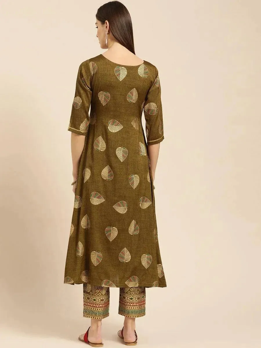 Olive Printed Rayon A-Line Kurta With Trousers