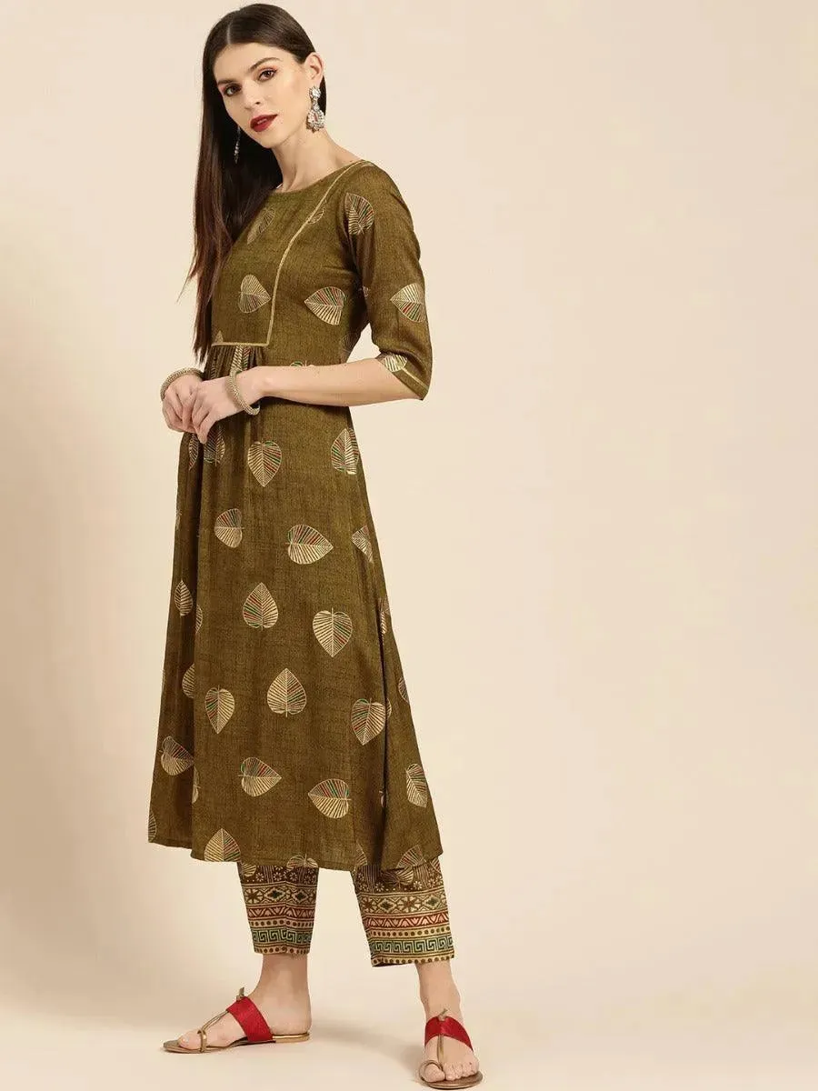 Olive Printed Rayon A-Line Kurta With Trousers