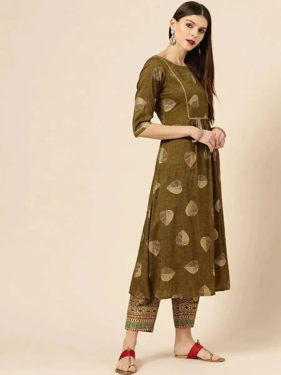 Olive Printed Rayon A-Line Kurta With Trousers