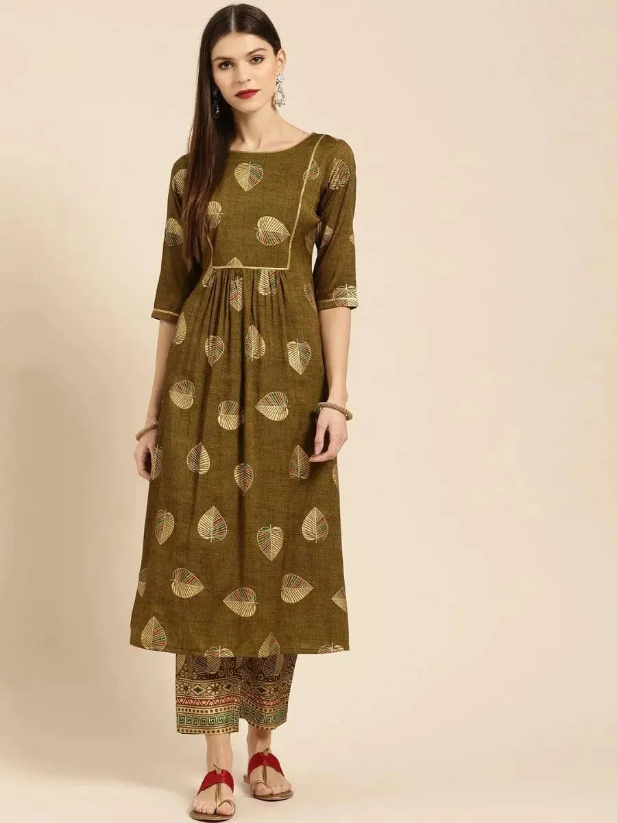 Olive Printed Rayon A-Line Kurta With Trousers