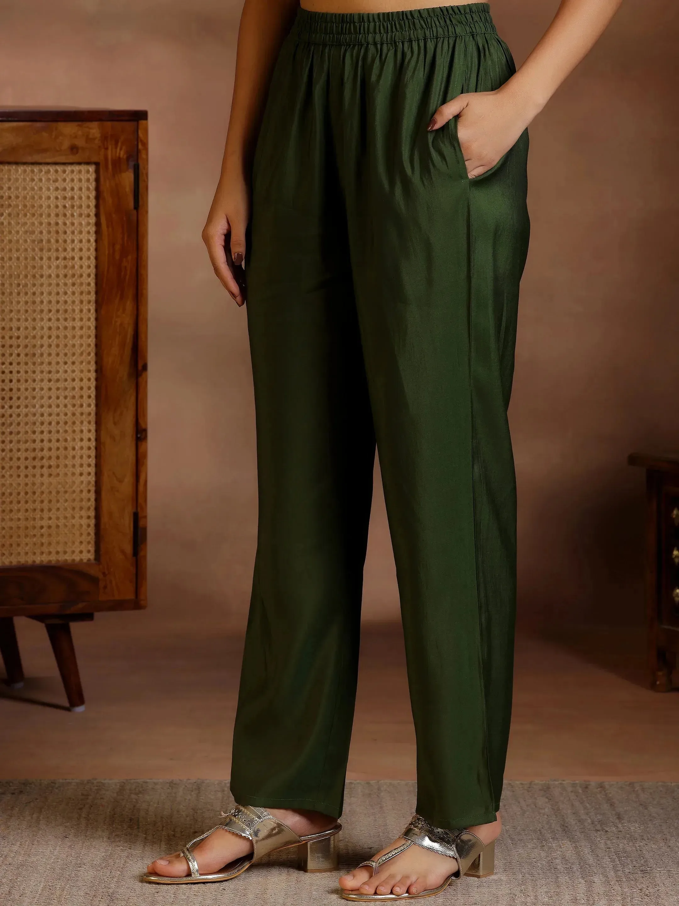 Olive Yoke Design Silk Blend Straight Suits With Dupatta
