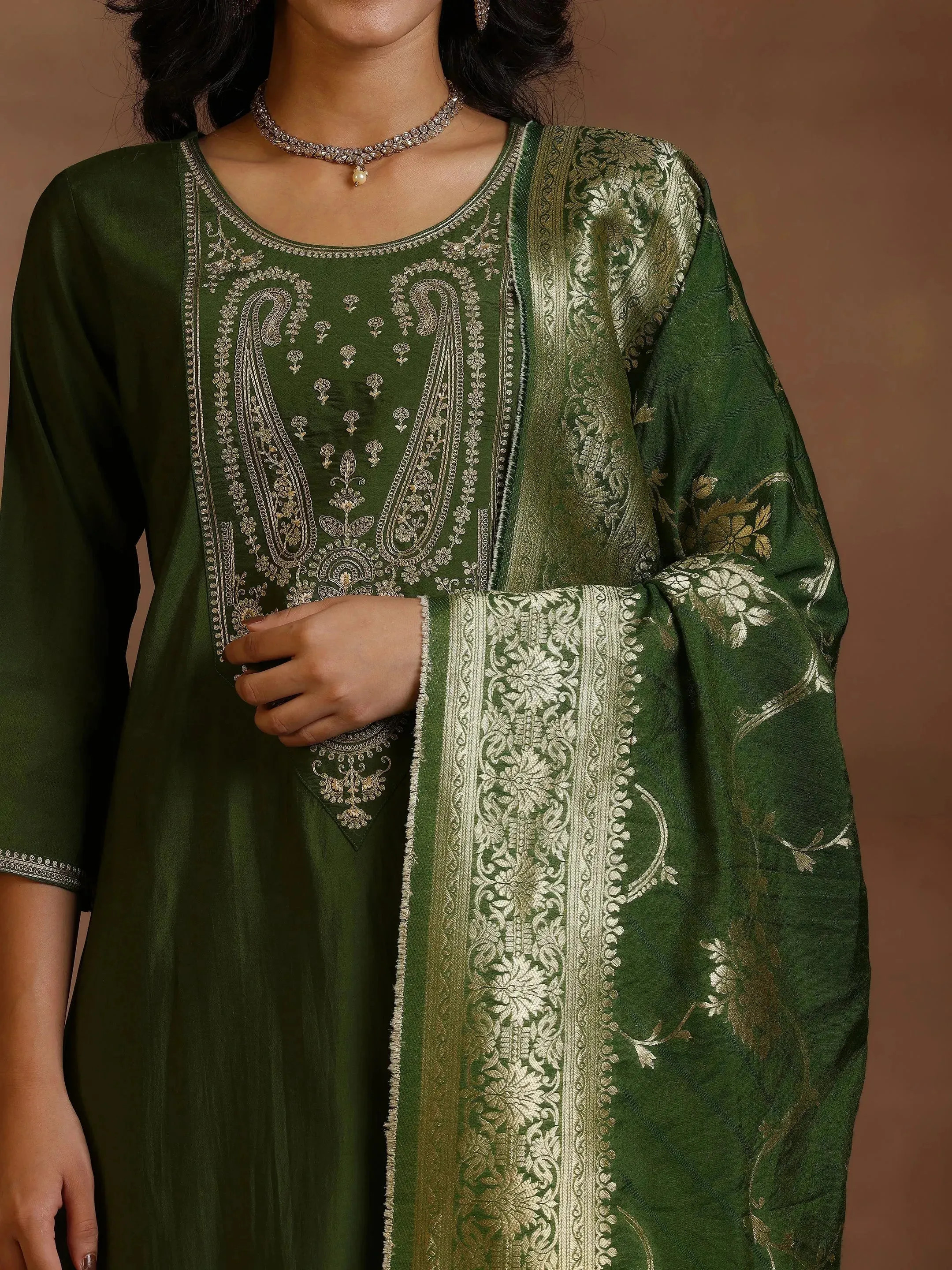 Olive Yoke Design Silk Blend Straight Suits With Dupatta