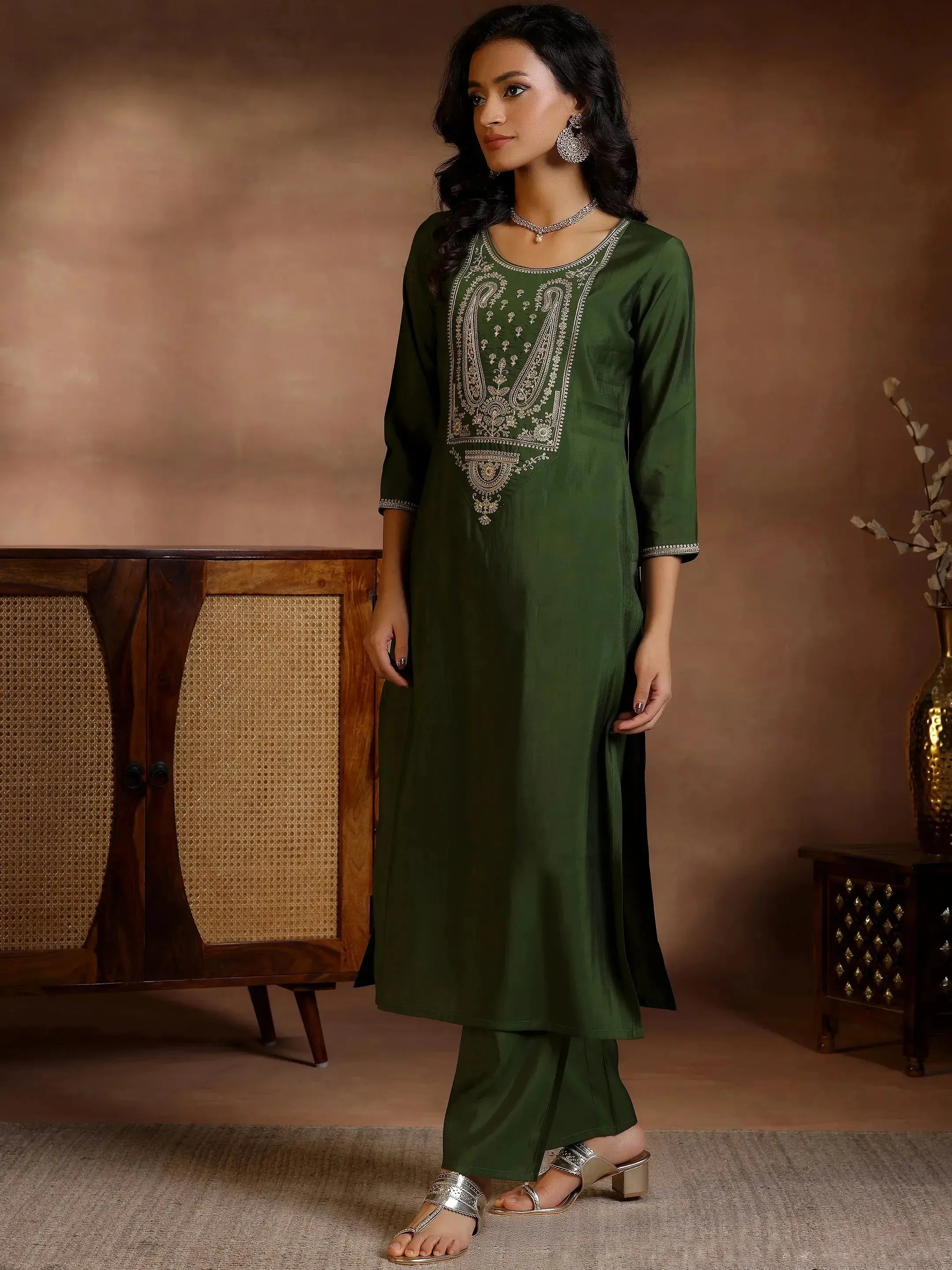 Olive Yoke Design Silk Blend Straight Suits With Dupatta