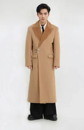Oversized Velvet-Lapel Long Coat with Metal Buckles