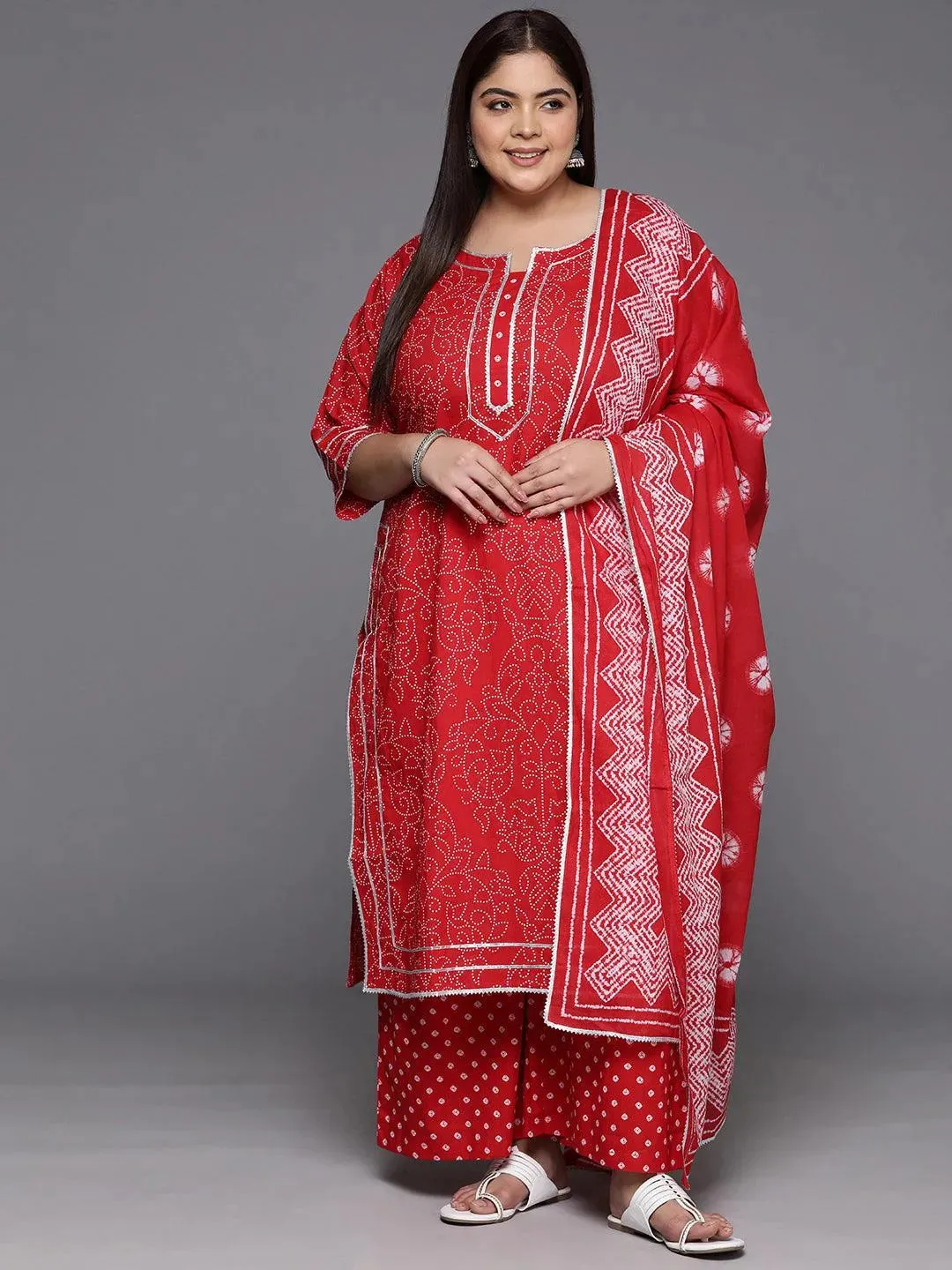 Plus Size Red Printed Cotton Straight Kurta With Palazzos & Dupatta