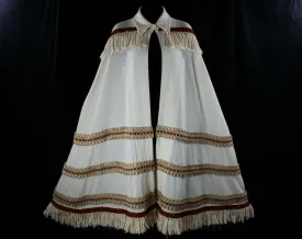 Posh Hippie Cape - 1960s Ivory Wool Knit - Burnt Orange Fringe - Sisal & Braid - Dramatic Boho 60s Wrap - Deadstock - New With Tag - 36166