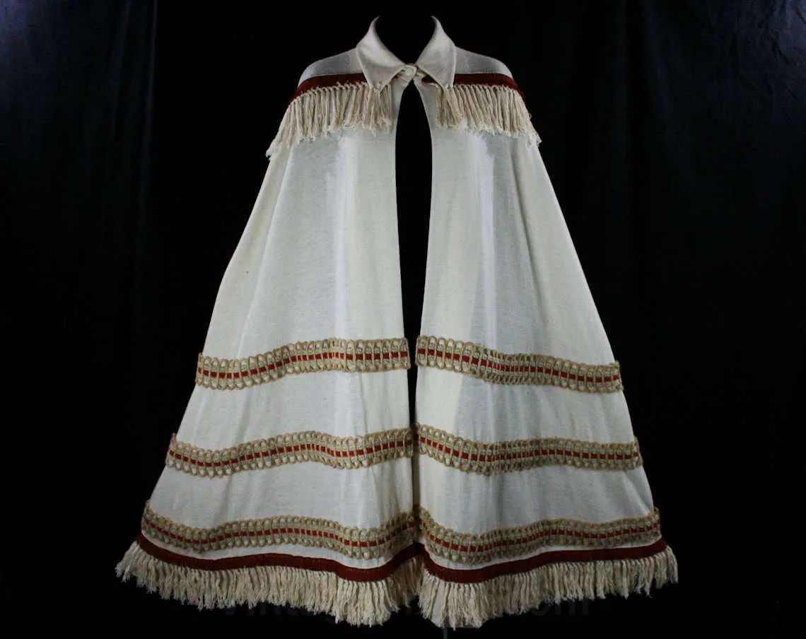 Posh Hippie Cape - 1960s Ivory Wool Knit - Burnt Orange Fringe - Sisal & Braid - Dramatic Boho 60s Wrap - Deadstock - New With Tag - 36166