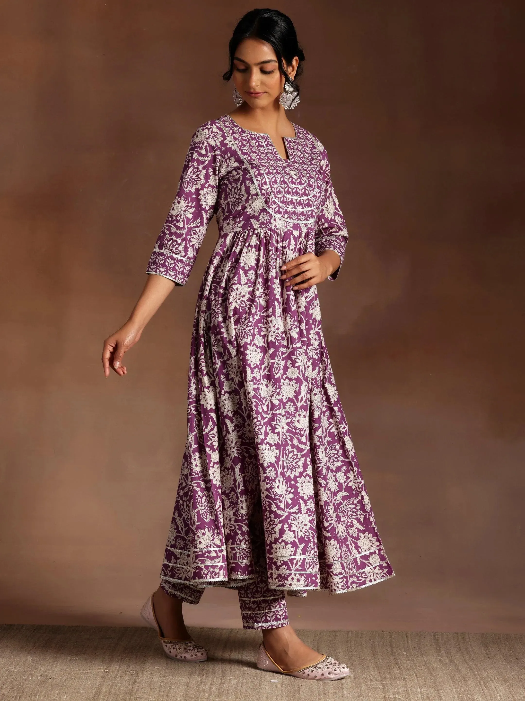Purple Printed Cotton Anarkali Suit With Dupatta