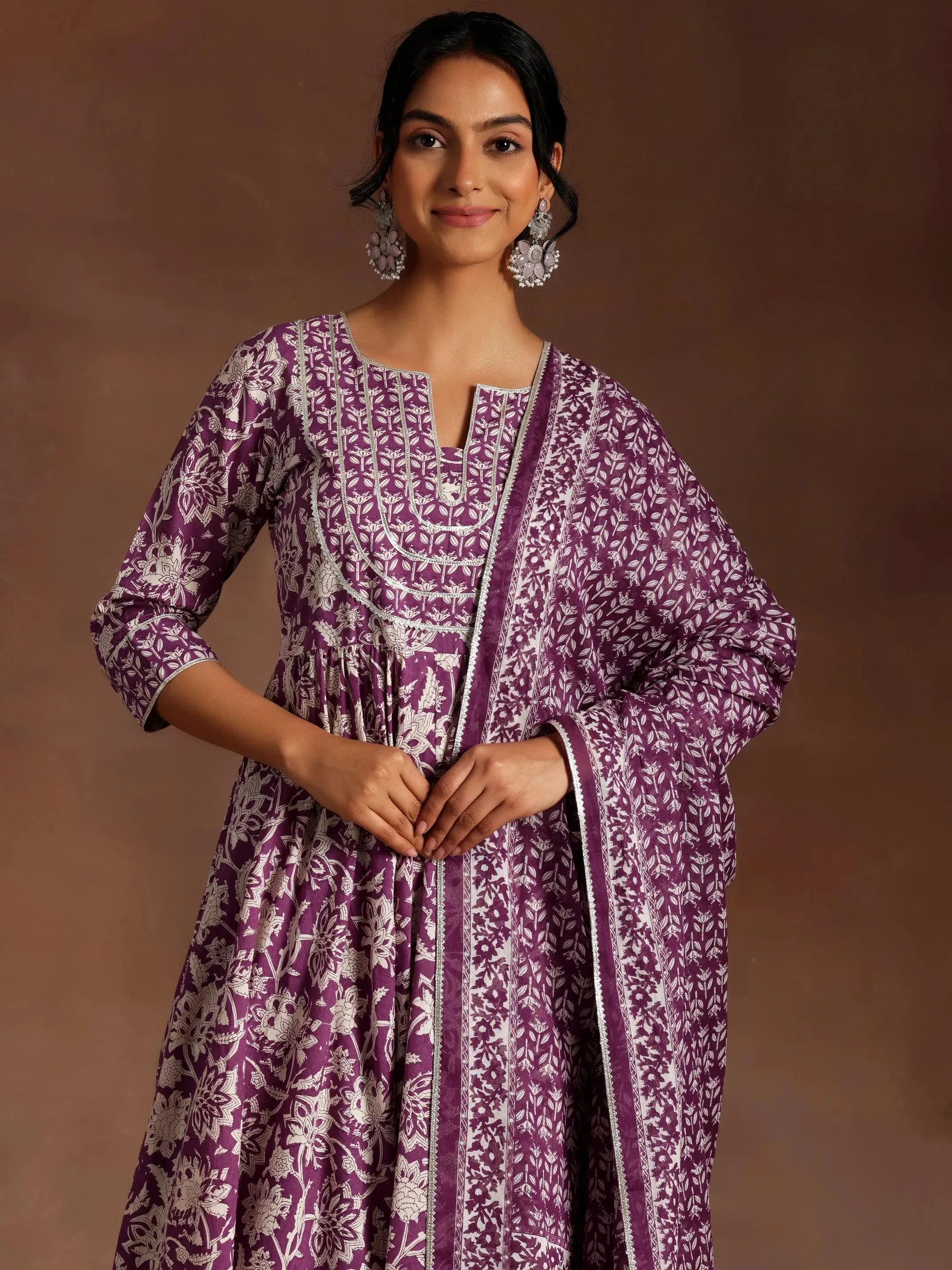 Purple Printed Cotton Anarkali Suit With Dupatta