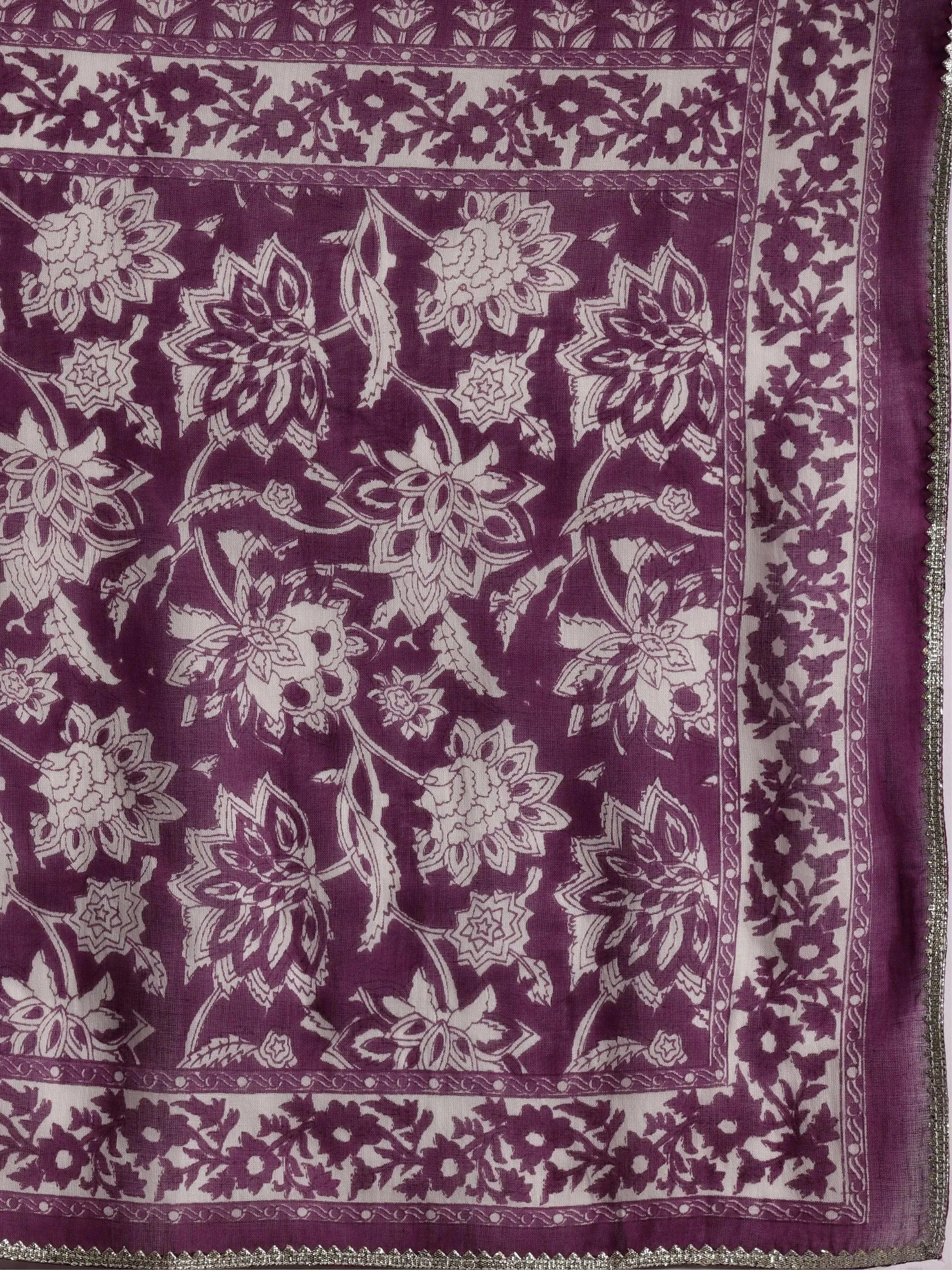 Purple Printed Cotton Anarkali Suit With Dupatta