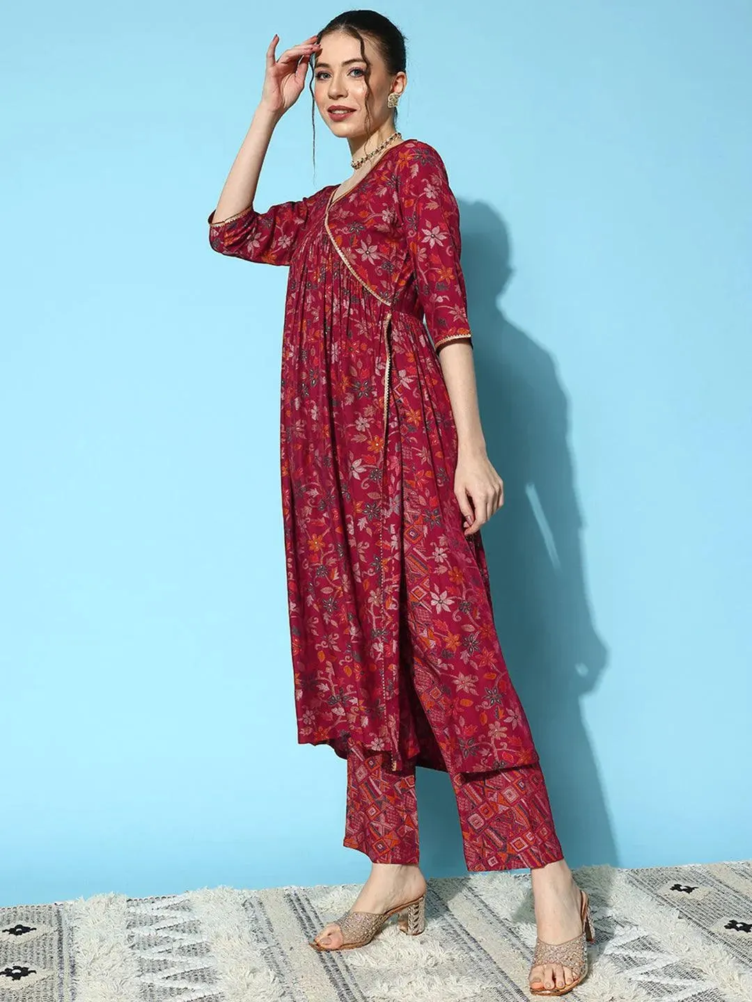 Red Printed Silk Blend A-Line Kurta With Trousers & Dupatta