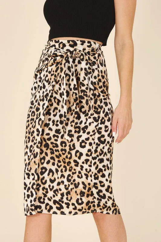 Satin No Stretch Leopard Pattern Tie Skirt