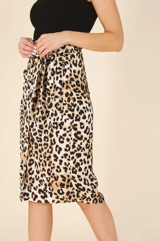 Satin No Stretch Leopard Pattern Tie Skirt