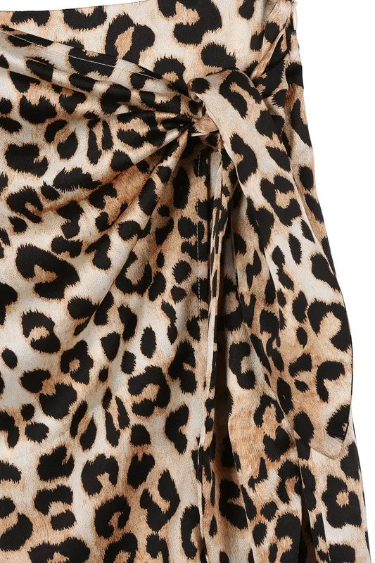 Satin No Stretch Leopard Pattern Tie Skirt
