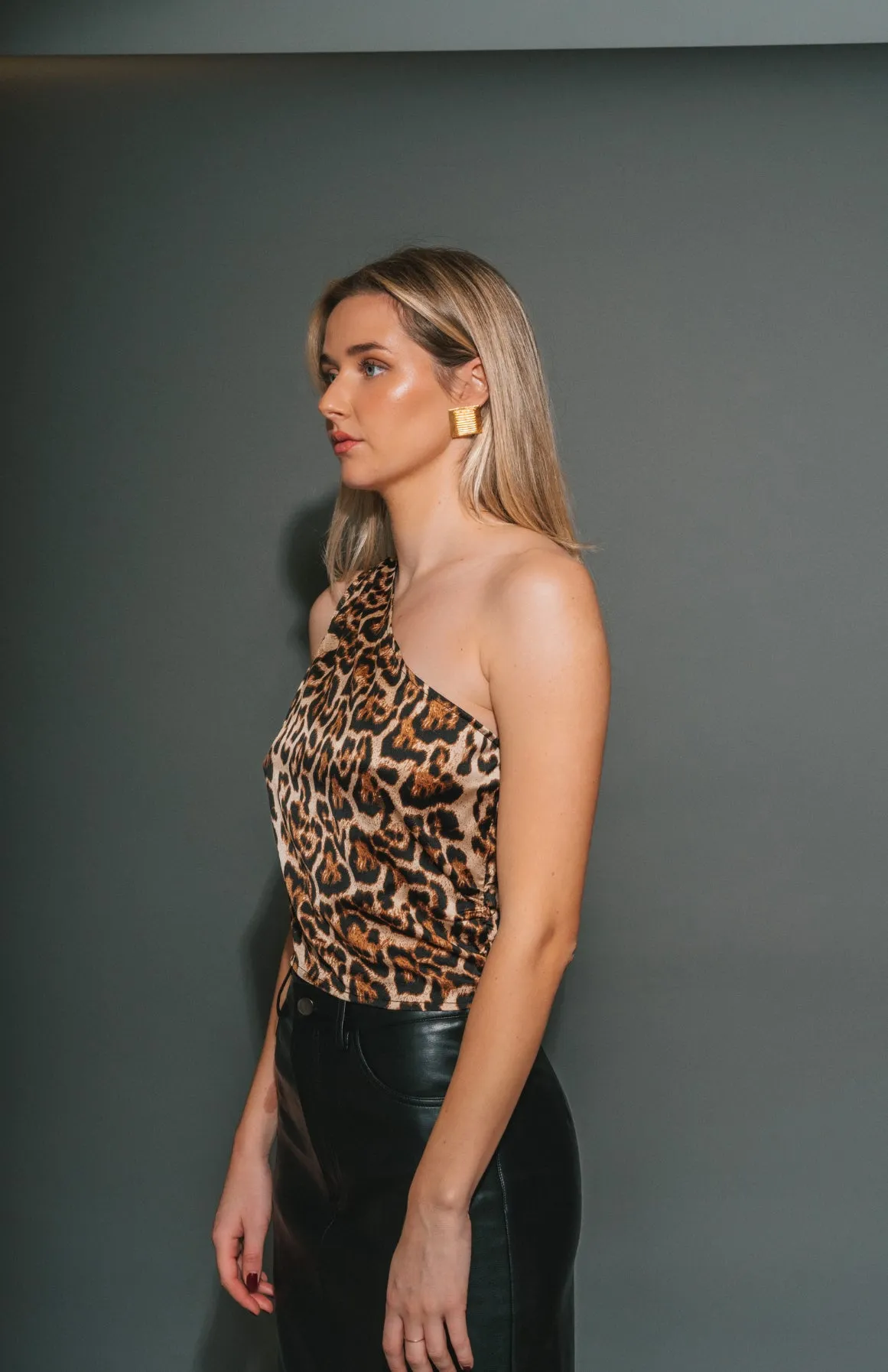 Satin One Shoulder Top | Leopard