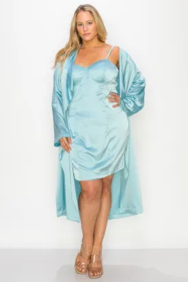 Satin Strap Dress With Self Belt Coat Set