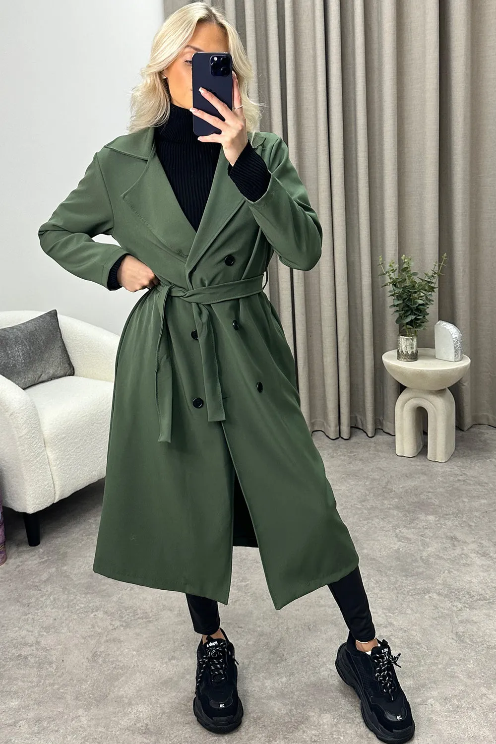 Sharleen Khaki Button Up Belted Trench Longline Coat