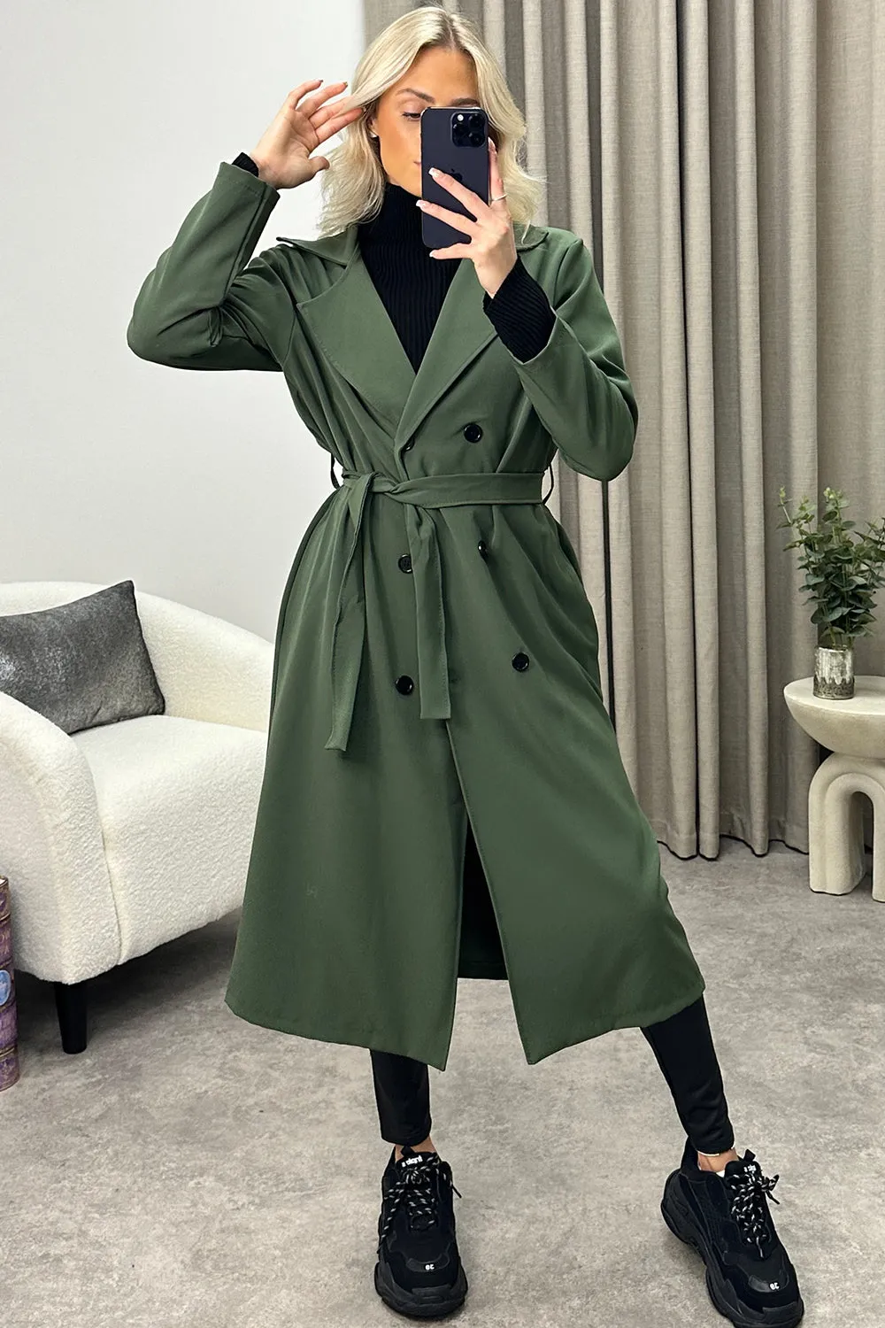 Sharleen Khaki Button Up Belted Trench Longline Coat