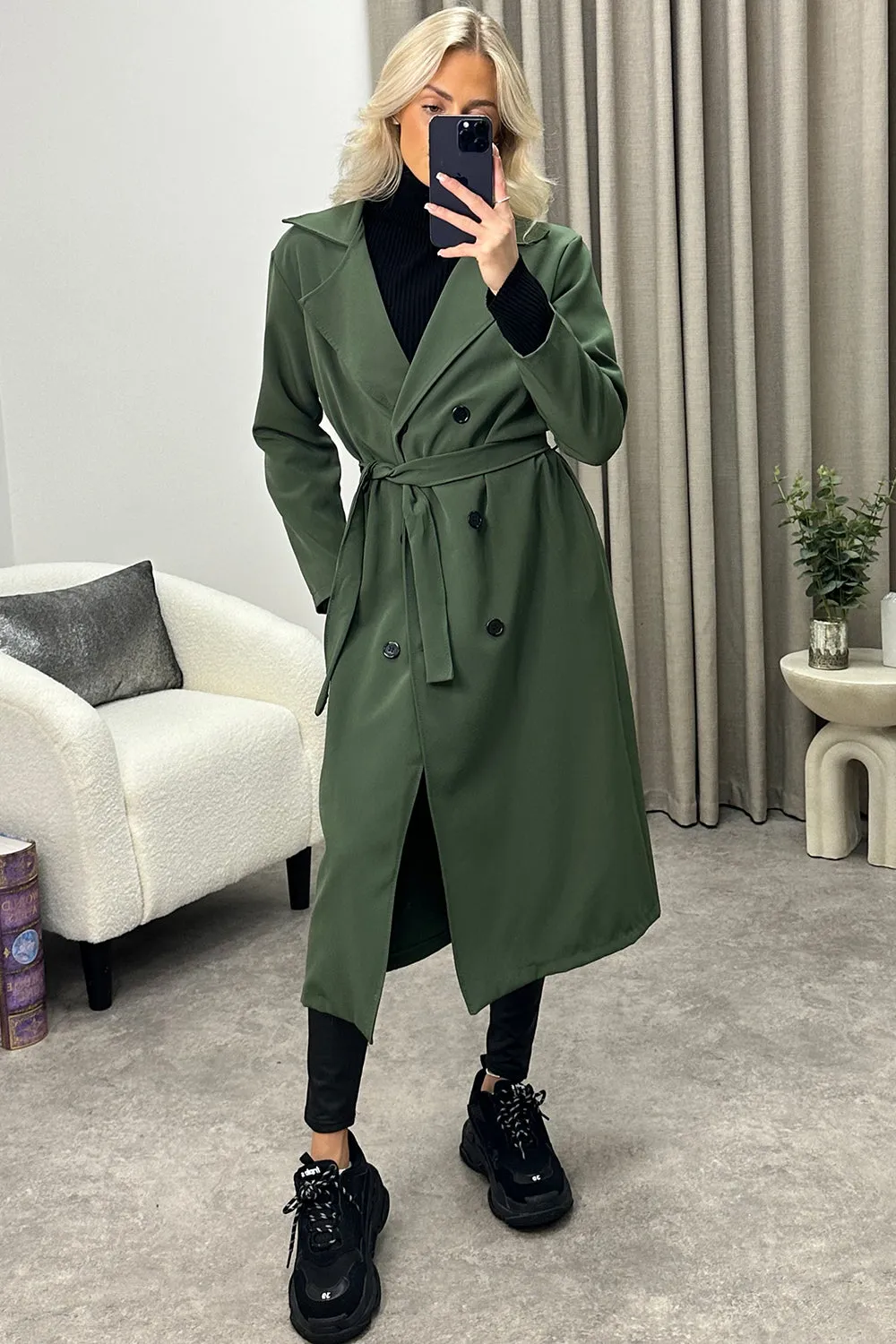 Sharleen Khaki Button Up Belted Trench Longline Coat