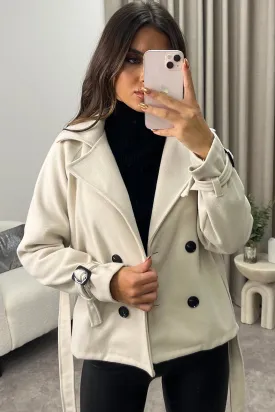 Sofie Beige Wool Look Button Up Belted Trench Coat