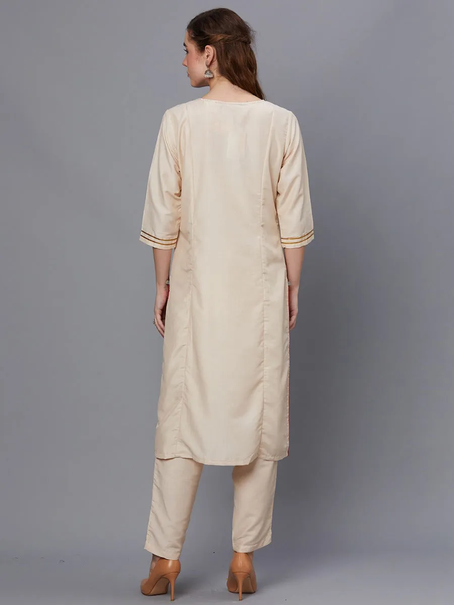 Women Cream Solid Kurta Trouser Dupatta