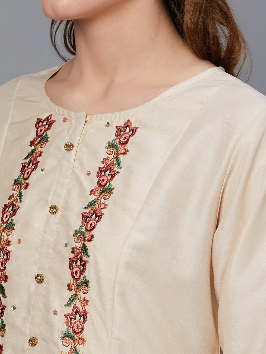 Women Cream Solid Kurta Trouser Dupatta