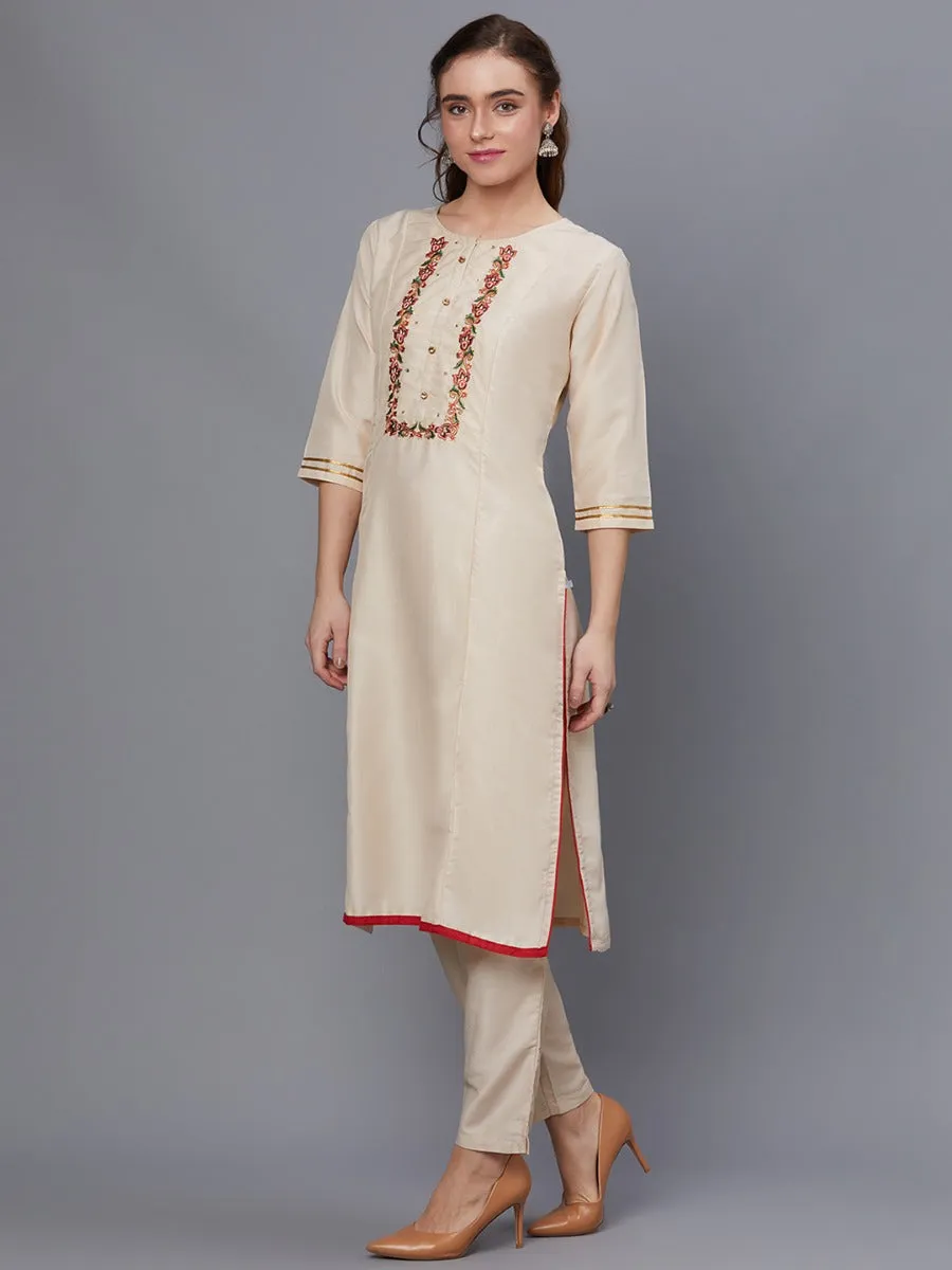 Women Cream Solid Kurta Trouser Dupatta