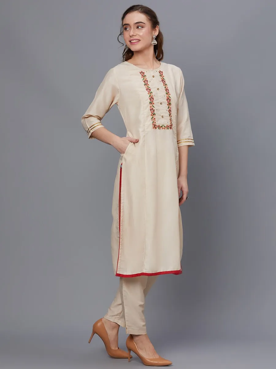 Women Cream Solid Kurta Trouser Dupatta