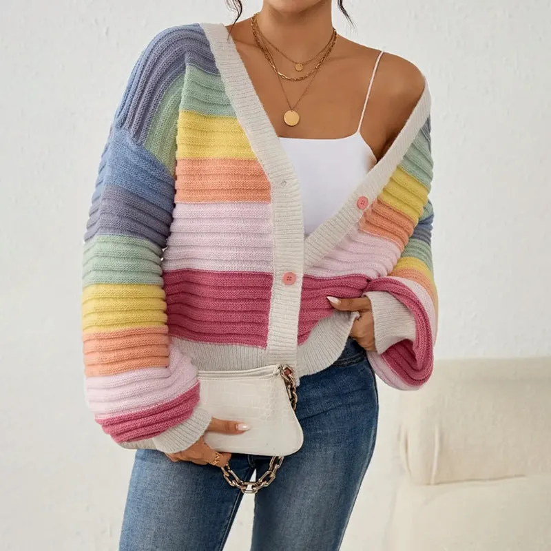 Womens Knit Cardigan  Oversized Fit  Chunky Ribbed Texture  V-Neck Button Front