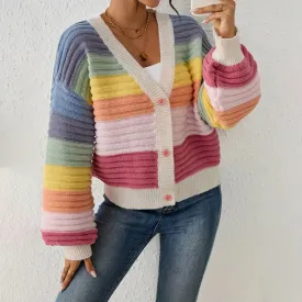 Womens Knit Cardigan  Oversized Fit  Chunky Ribbed Texture  V-Neck Button Front