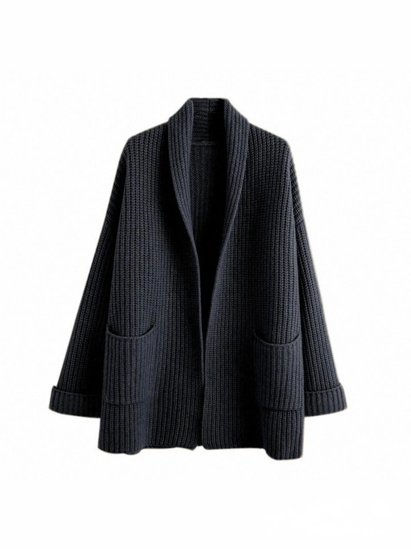 Womens Knit Cardigan  Oversized Fit  Chunky Wool Blend  Longline Open Front  Pockets