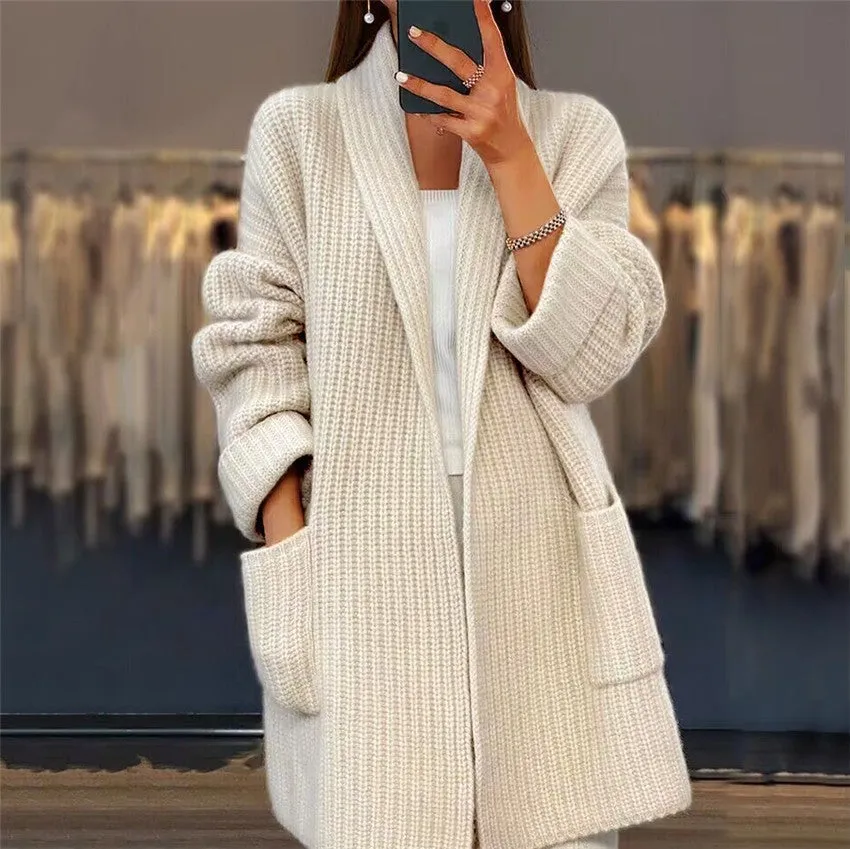 Womens Knit Cardigan  Oversized Fit  Chunky Wool Blend  Longline Open Front  Pockets