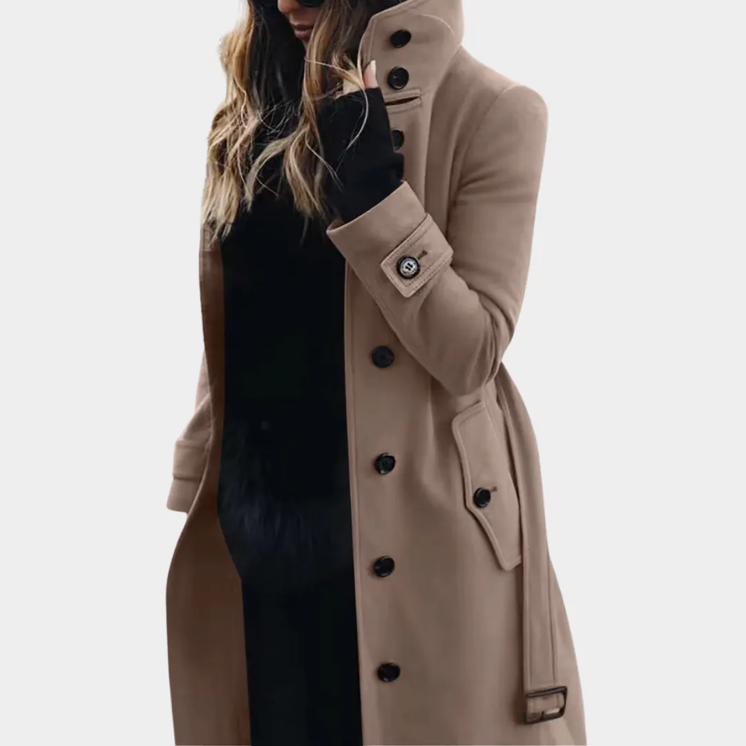 Women's Long Wool Coat  Stand Collar Belted Trench Coat  Button Front with Pockets  Multiple Colours