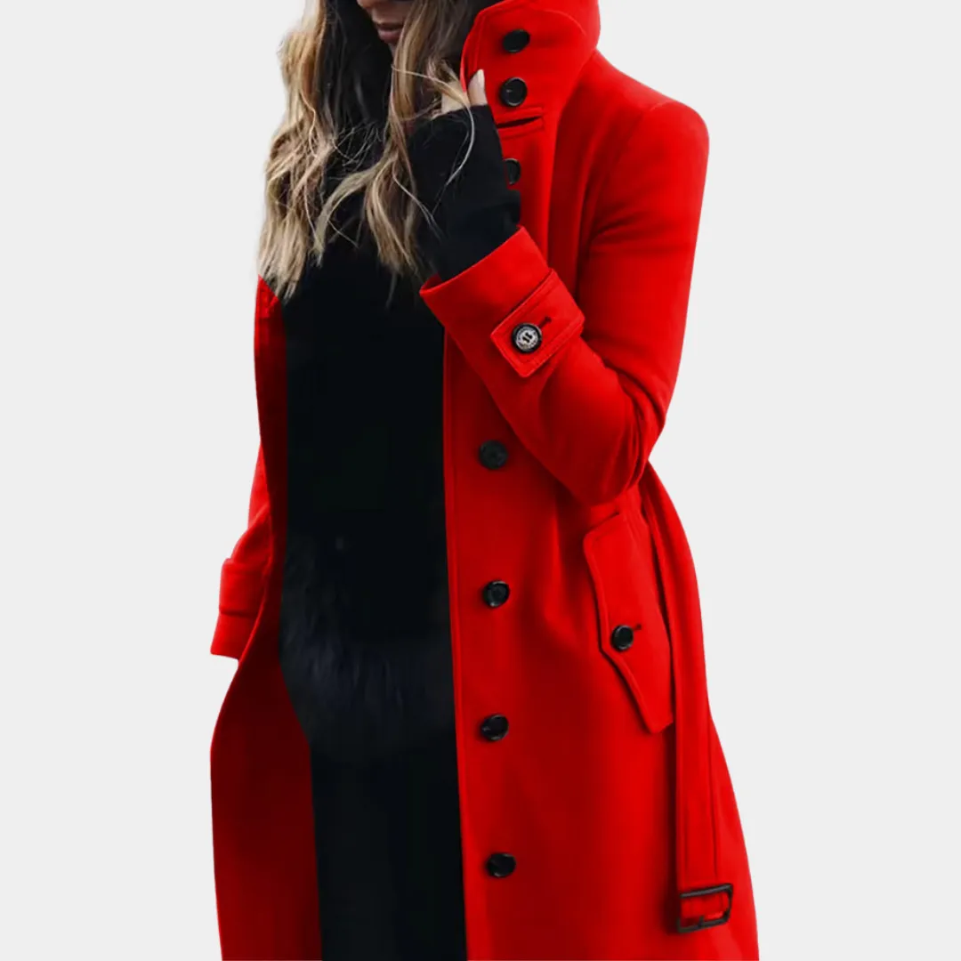 Women's Long Wool Coat  Stand Collar Belted Trench Coat  Button Front with Pockets  Multiple Colours