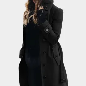 Women's Long Wool Coat  Stand Collar Belted Trench Coat  Button Front with Pockets  Multiple Colours
