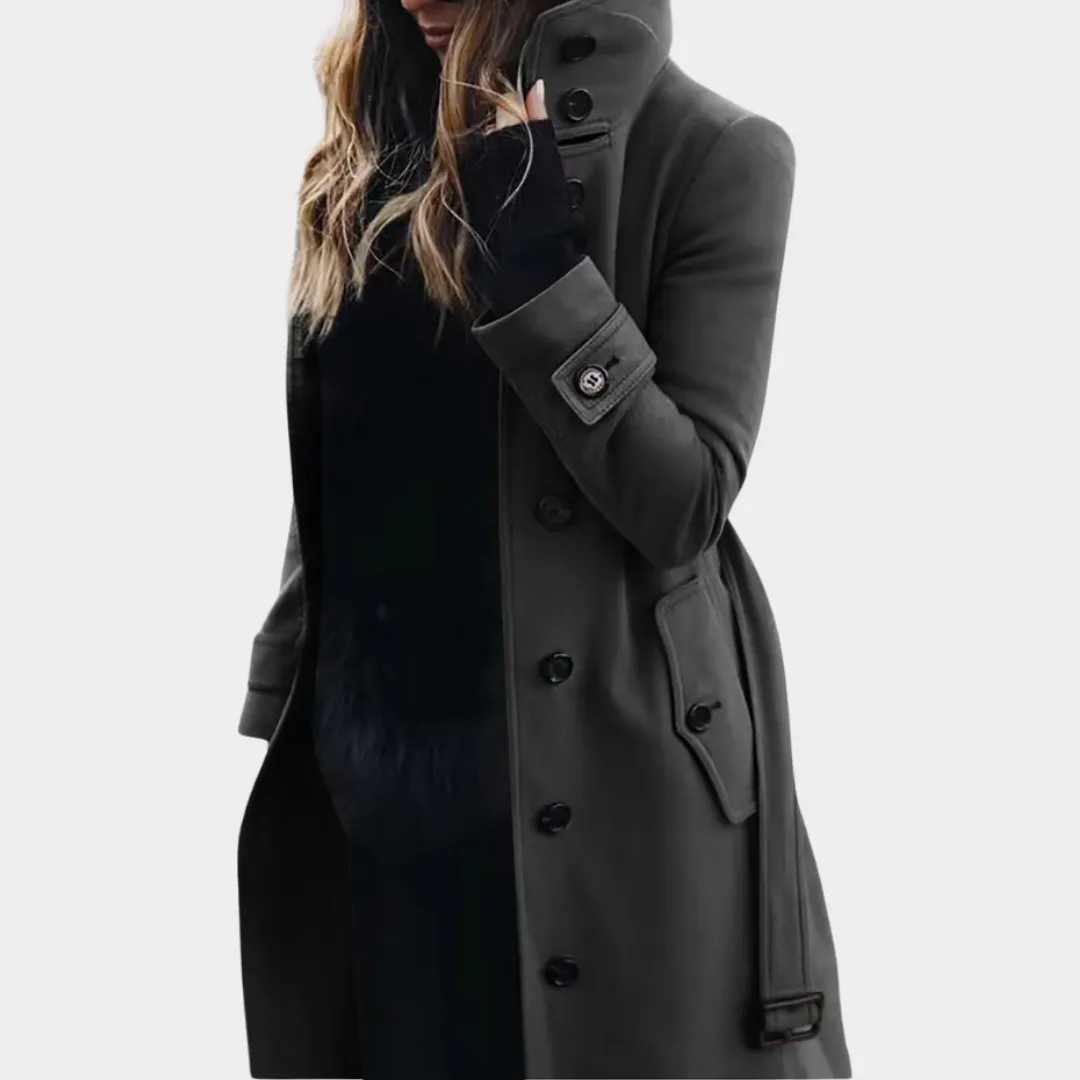 Women's Long Wool Coat  Stand Collar Belted Trench Coat  Button Front with Pockets  Multiple Colours