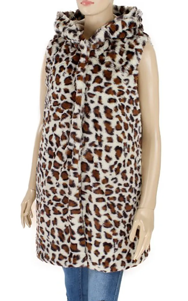 Y916 Leopard Print Super Soft Faux Fur Vest With Hood