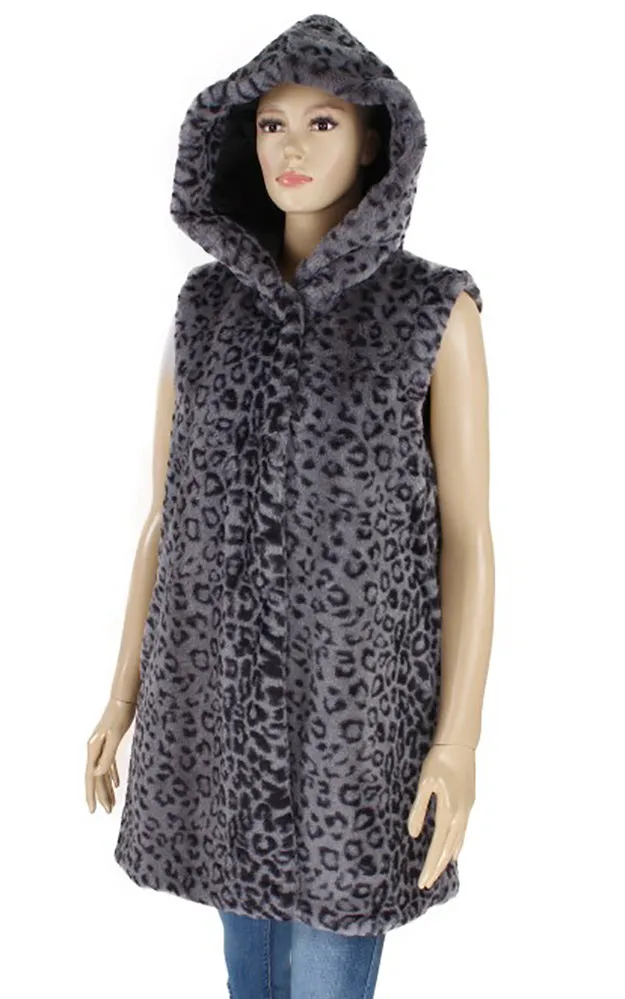 Y916 Leopard Print Super Soft Faux Fur Vest With Hood
