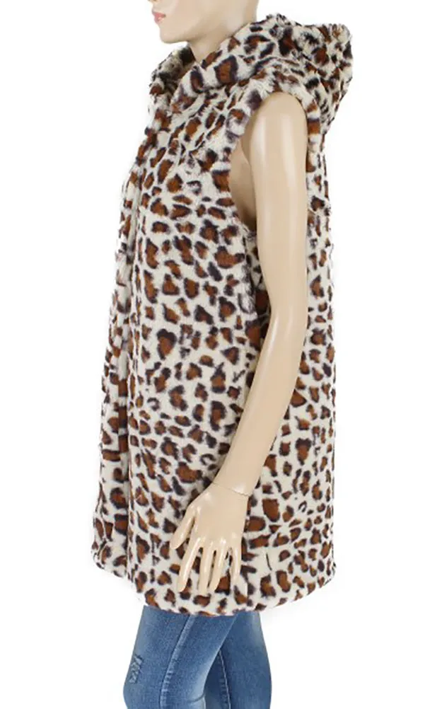 Y916 Leopard Print Super Soft Faux Fur Vest With Hood