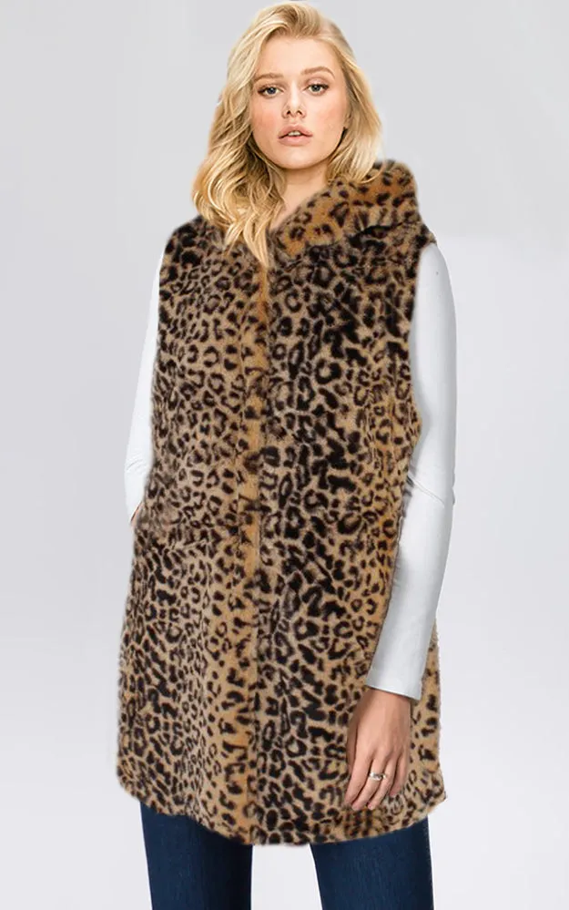 Y916 Leopard Print Super Soft Faux Fur Vest With Hood